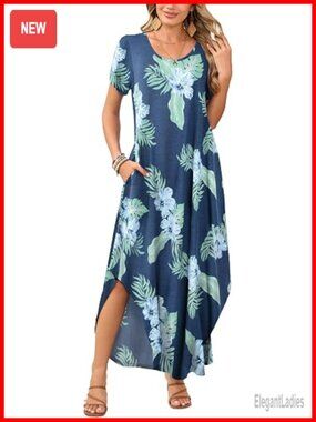 Plus Size Maxi Dress Short Sleeve T-Shirt Sun Dress with Pockets Loose Fit